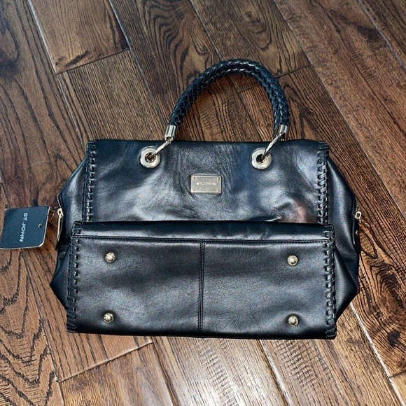 ST. JOHN Black & Gold Genuine Leather Hand Bag - Picture 1 of 5
